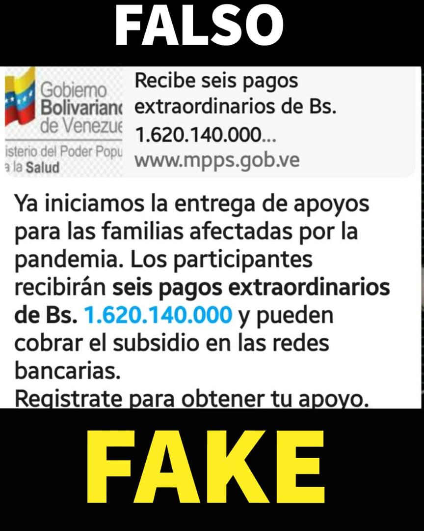 MinSaludVE's tweet photo. El Ministerio del Poder Popular para la Salud (MPPS) notifica que la información que está circulando por RRSS de entregas de apoyos monetarios es totalmente falsa, exhortamos a la población a no hacerse eco de falsos rumores.

#7Mas7EquilibrioSaludable https://t.co/Sa8xASxOe7