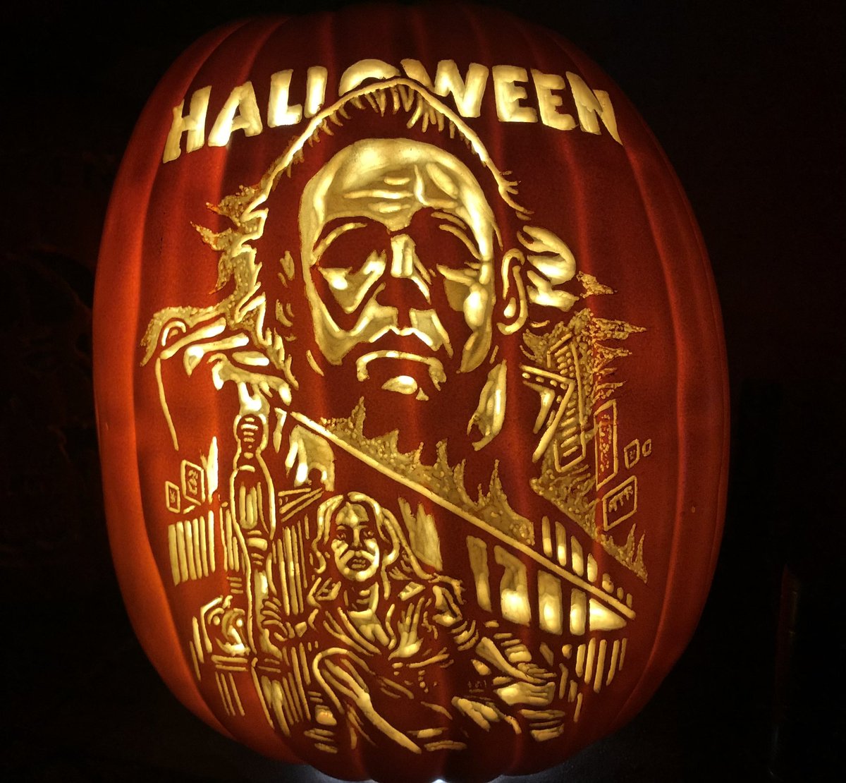 IanFetterman's tweet photo. Laurie: It was the Boogeyman.
Michael is ready for @ay_chel. Original artwork by Justin Osbourn. #halloween #johncarpenter #jamieleecurtis #lauriestrode #michaelmyers #slasherdesign #justinosbourn #frightrags #handcarved #pumpkincarving #foampumpkin #ianspumpkincarvings https://t.co/5kgV10CdjY