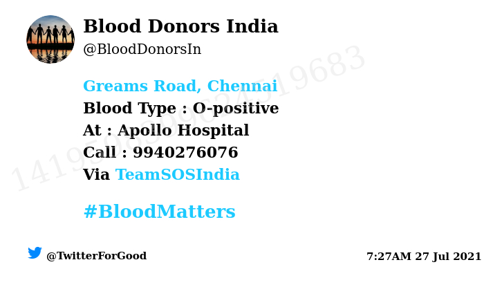 BloodDonorsIn's tweet photo. #Greams Road, Chennai
Need #Blood Type :  O-positive
Blood Component : Blood
Number of Units : 2
Primary Number : 9940276076
Secondary Number : 9444240014
Illness : Knee surgery
Via: @TeamSOSIndia
#BloodMatters
Powered by Twitter https://t.co/BZ7lFec4wq