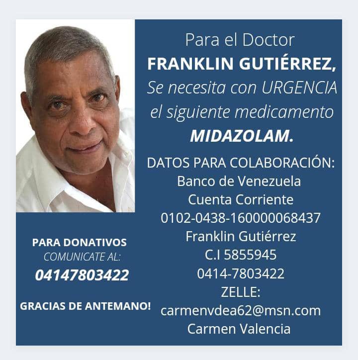 VictorUgas_'s tweet photo. #SERVICIOPÚBLICO | El Dr. Frankiln Gutierrez se encuentra luchando contra el COVID-19.

Está necesitando con URGENCIA Midalozan, se encuentra hospitalizado en el hospital de Carúpano. 

Contacto; 0414-7803422 https://t.co/sItEJ9JPah