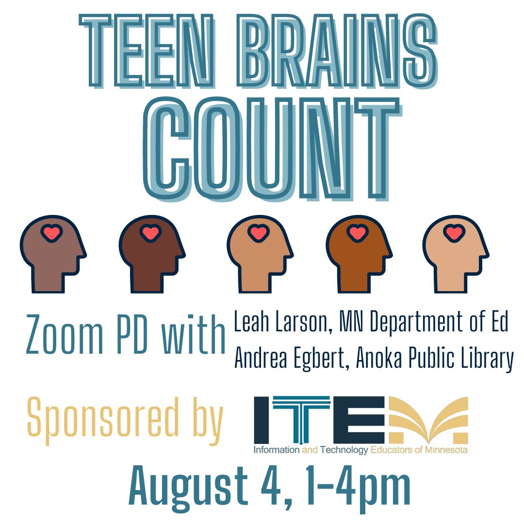 ITEMupdates's tweet photo. Join ITEM for “Teen Brains Count” Zoom PD with @LeahDeliaLarson on Wednesday, August 4 from 1-4pm. DM for link! #mnitem #mentalhealth https://t.co/iKE8jh69fv