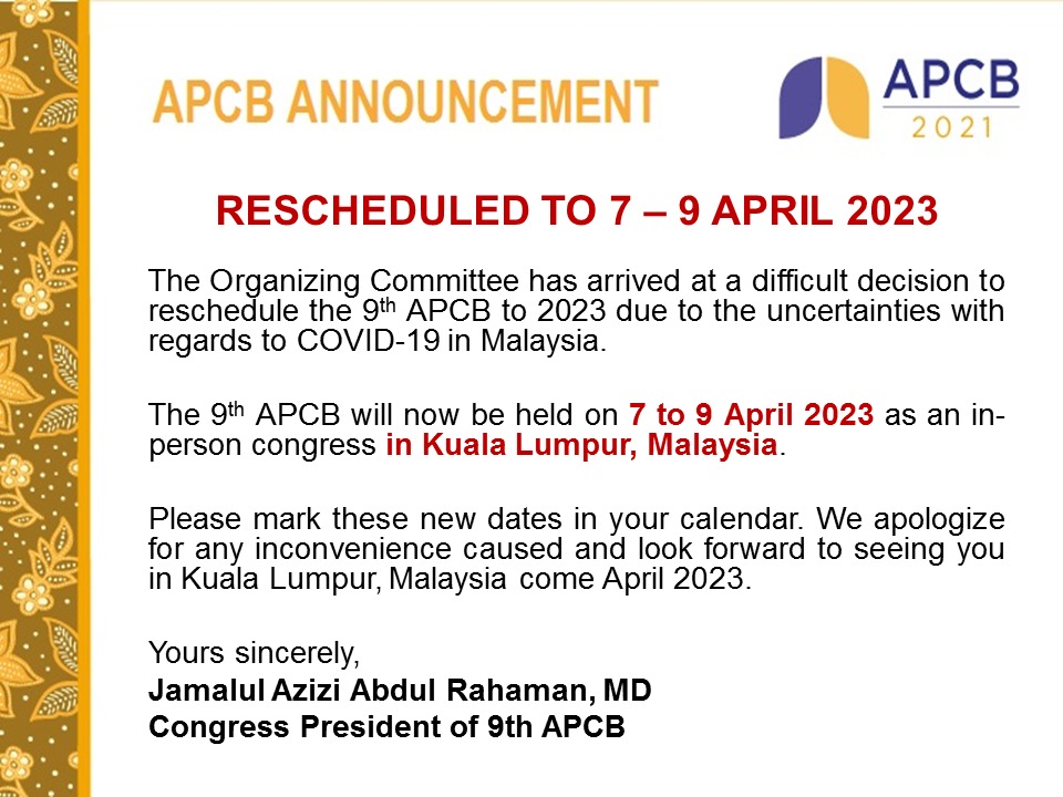 wabipconnect's tweet photo. 9th Asia-Pacific Congress Announcement - APCB rescheduled to April 2023 #APCB #APAB #WABIP #MABIP https://t.co/kQdtHlTWDe