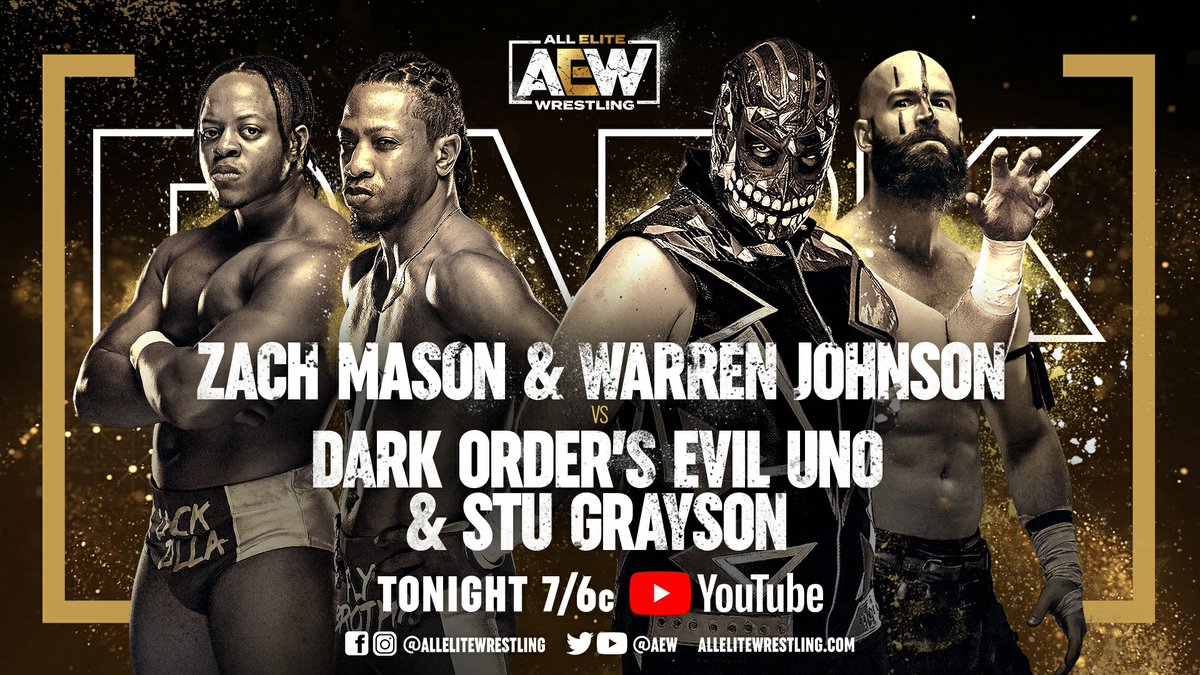 AEW's tweet photo. Gearing up to take part in the huge 10-man tag at #FightForTheFallen, #DarkOrder's @EvilUno and @stu_dos are in tag team action TONIGHT against #ZachMason &amp; #WarrenJohnson.

Watch #AEWDark TONIGHT at 7/6c - https://t.co/lBSV4sbfpB https://t.co/voAlu3BjGf