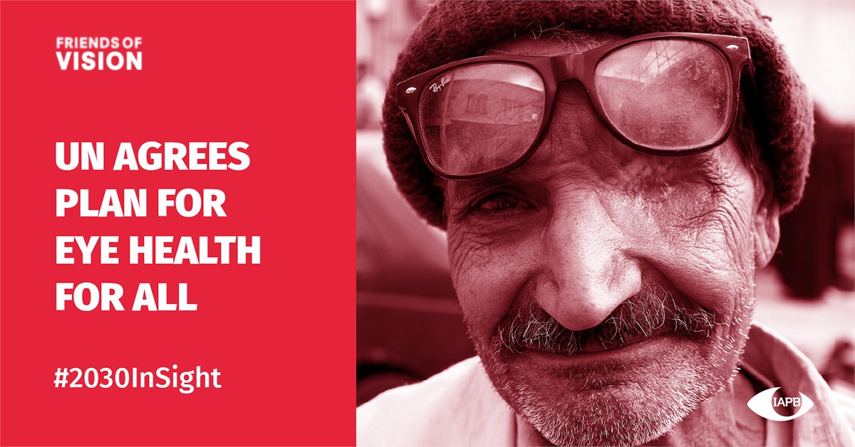 Tile with photo of man wearing glasses with the text saying UN agrees plan for eye health for all.