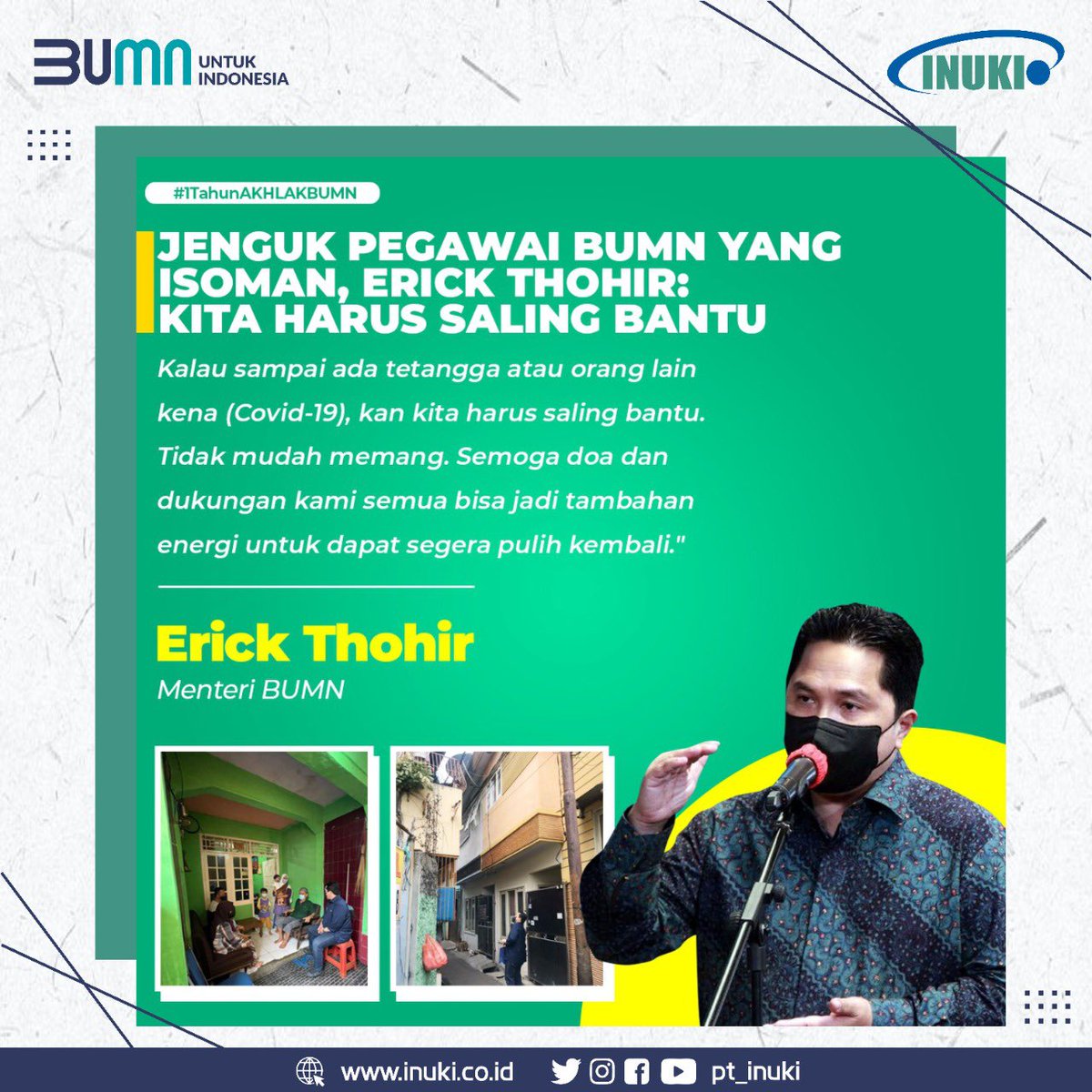 Hi #SobatINUKI. Dalam rangka 1 Tahun AKHLAK BUMN, mari kita semua menerapkan AKHLAK sebagai pedoman dalam bekerja dan dalam kehidupan.

Seluruh insan BUMN wajib ber-AKHLAK. Amanah, Kompeten, Harmonis, Loyal, Adaptif, dan Kolaboratif dalam melaksanakan tugasnya.

#1TahunAKHLAKBUMN