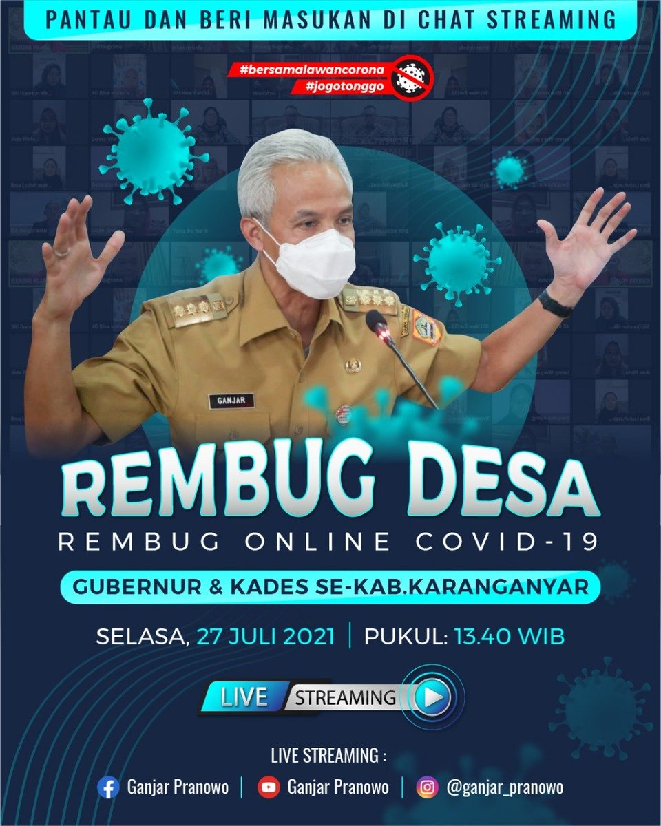 humasjateng's tweet photo. Siang ini, Gubernur @ganjarpranowo akan mengajak para kades se-Kabupaten Karanganyar untuk berdiskusi dan berbagi tips bagaimana penanganan Covid-19 yang sudah dilakukan di desanya dalam #RembugDesa Online.
Semua bisa usul dan berkontribusi lewat kolom komentar ya... π€ https://t.co/aToDEWerjy