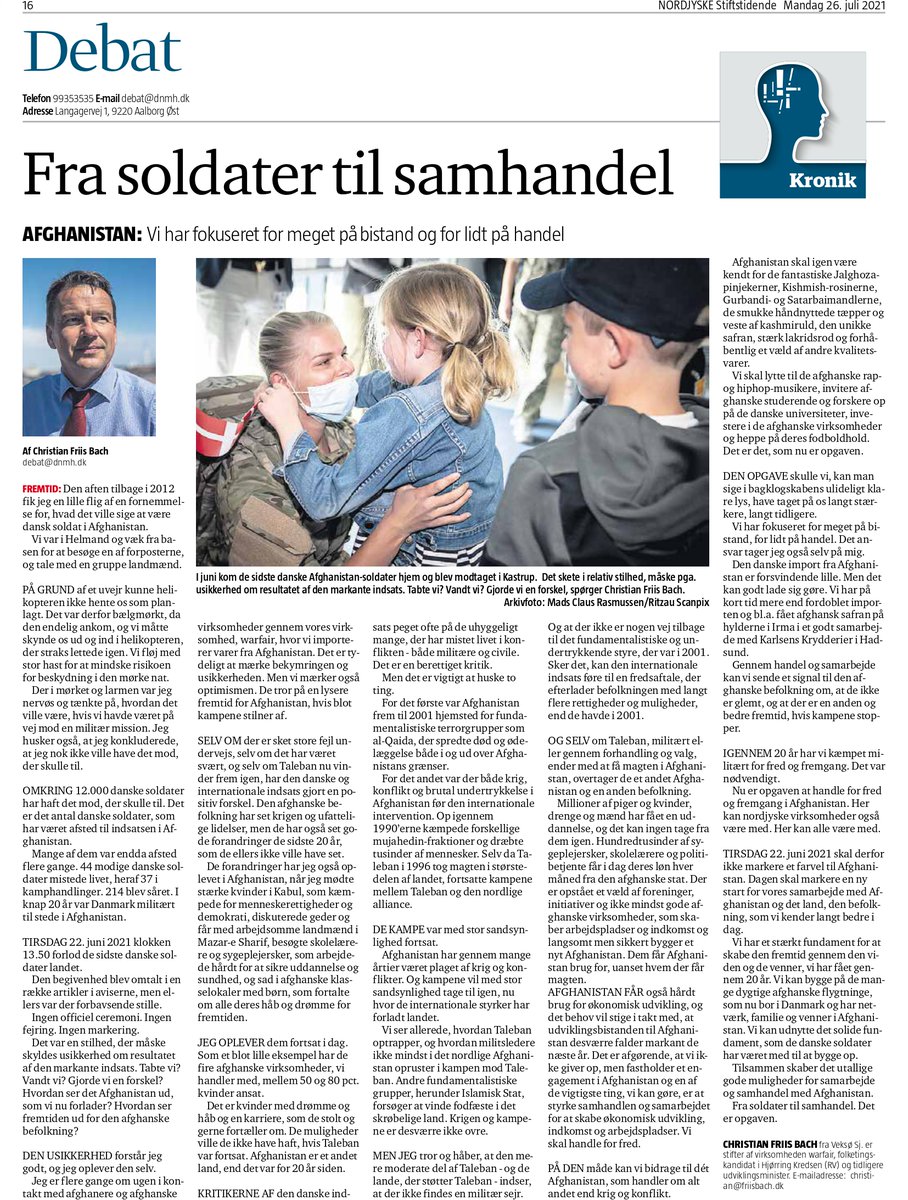 christianfbach's tweet photo. Det er afgørende, at vi ikke giver op, men fastholder et engagement i Afghanistan og en af de vigtigste ting, vi kan gøre, er at styrke samhandlen og samarbejdet. Vi skal handle for fred.
Kronik i @nordjyskedk 
@warfairdk https://t.co/9tNodyx6fP
https://t.co/hsFclwbn4y https://t.co/kf0zb9P0M5