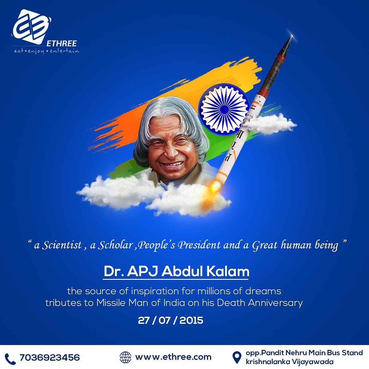 ethree_in's tweet photo. Dr. APJ Abdul Kalam, the source of inspiration for millions of dreams tributes to missile man of India on his death anniversary.
#apjabdulkalam #abdulkalam #kalam #missileman #indiapresident
#Ethree #Enjoy #Entertainment #E3 #EthreeVijayawada #E3Vijayawada #E3Foodstalls https://t.co/C1IRrMifMl
