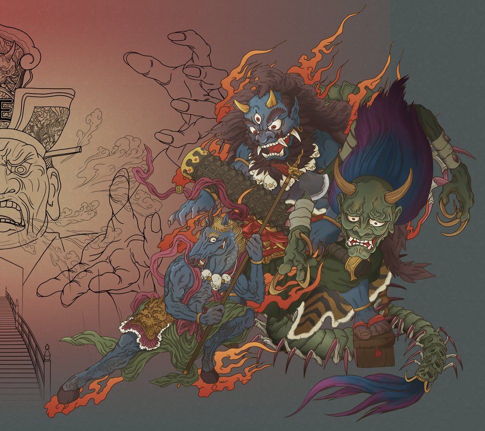 reishi_design's tweet photo. 閻魔図の右半分はこんな感じかな。

#閻魔大王 #Yama #牛頭 #gozu #馬頭 #mezu 
#鬼 #oni #イラスト #和柄 #japanesetraditional #和風 #japanesestyle #tattoo #刺青 #ラフ #Photoshop #フォトショップ https://t.co/Tshek6876e