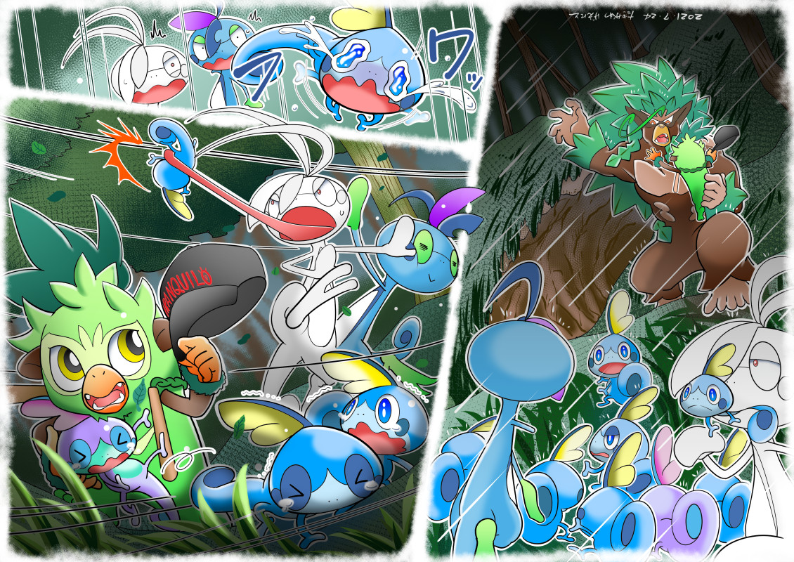 たきがわ げえにと Ep 52 あっという間に嵐の雲が森をを飲み込む 冷たい暴風が末っ子の体を宙に攫った しかし素早く反応したヘンナノがキャッチ 危ないので末っ子をくわえたまま避難路を急ぐ 子供達よ ここだ 心配したゴリランダーが洞窟の前で