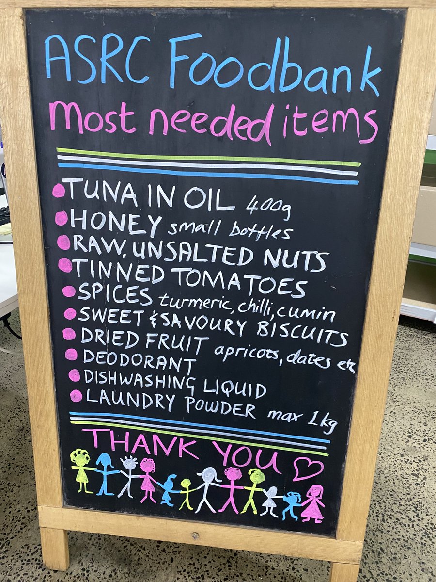 Here are the items our Foodbank most need right now at the <a href="/ASRC1/">ASRC</a>. You can drop them in person (Monday to Friday 10am to 5pm) or donate on - line from anywhere in Australia food by following these steps: asrc.org.au/ways-to-give/d…