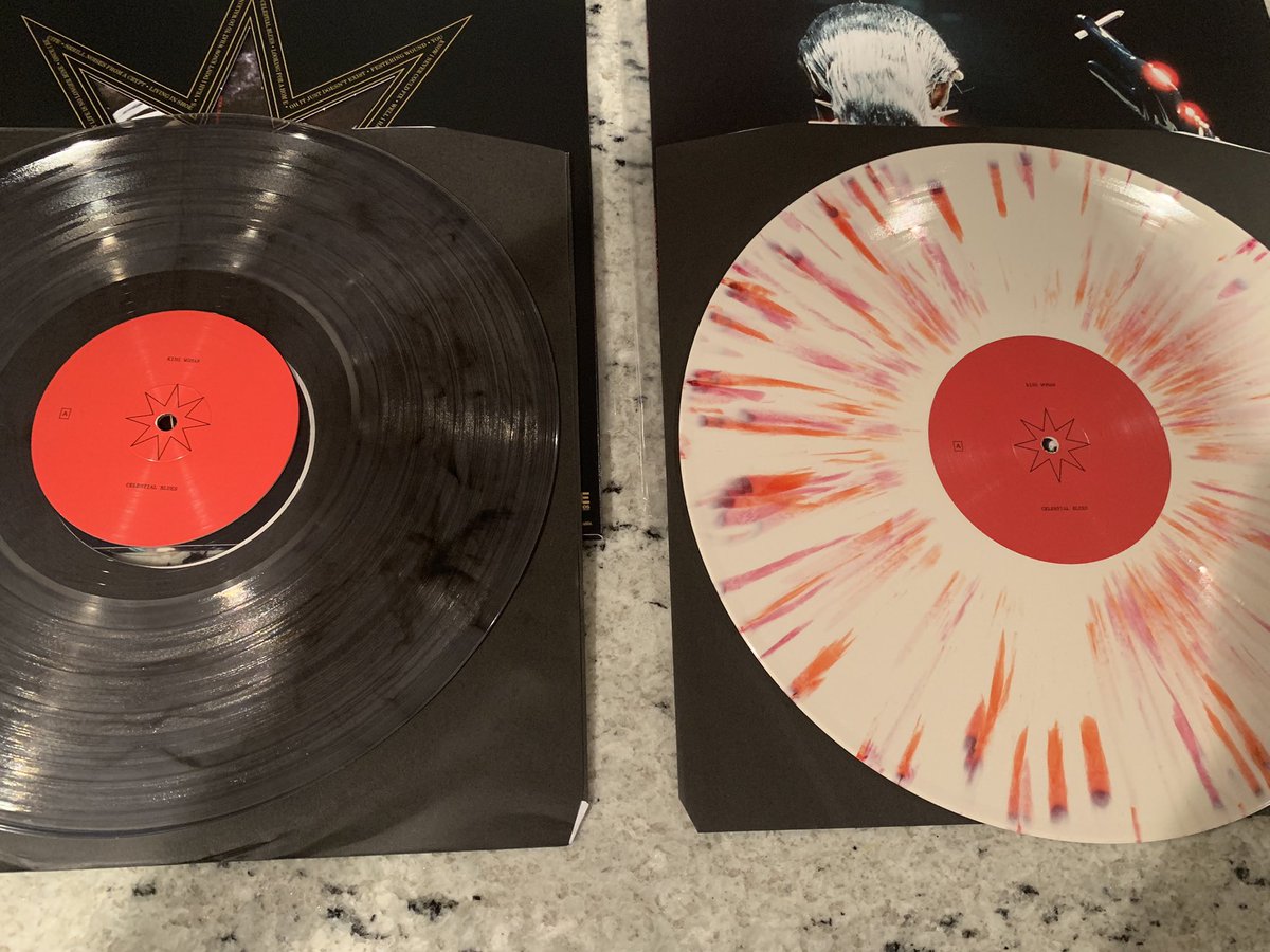 kclaw31's tweet photo. Good mail day. The new @kngwmn album “Celestial Blues” arrived! I had to buy two of the variations, clear with black smoke and bone white with splatter. (Displayed on my THE GUEST movie slipmat). 🔥🤘 #kingwoman #celestialblues #vinyl https://t.co/uZ4lmr9h2J