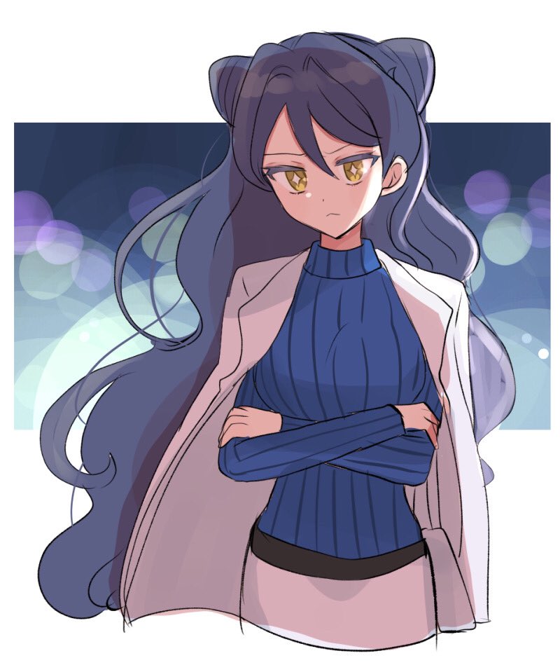 1girl crossed arms solo long hair sweater yellow eyes skirt  illustration images