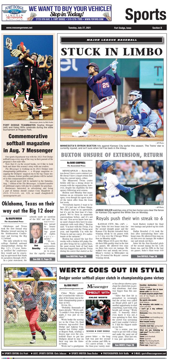 A first glance at Tuesday's Messenger sports section. Timeout with Dodger senior Chloe Wertz, whose home run in the state championship game helped power the Fort Dodge softball team to victory.