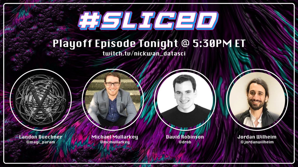 MeganRisdal's tweet photo. Hard to be more excited for the first playoff episode of #SLICED season 1. Featuring:

@magi_param 
@mcmullarkey 
@drob 
@JordanWilheim 

Only two ML live coders will advance to the final four August 10th! Tonight @ 5:30PM ET on https://t.co/IkMSesorY7. https://t.co/1Rlta7sR1W