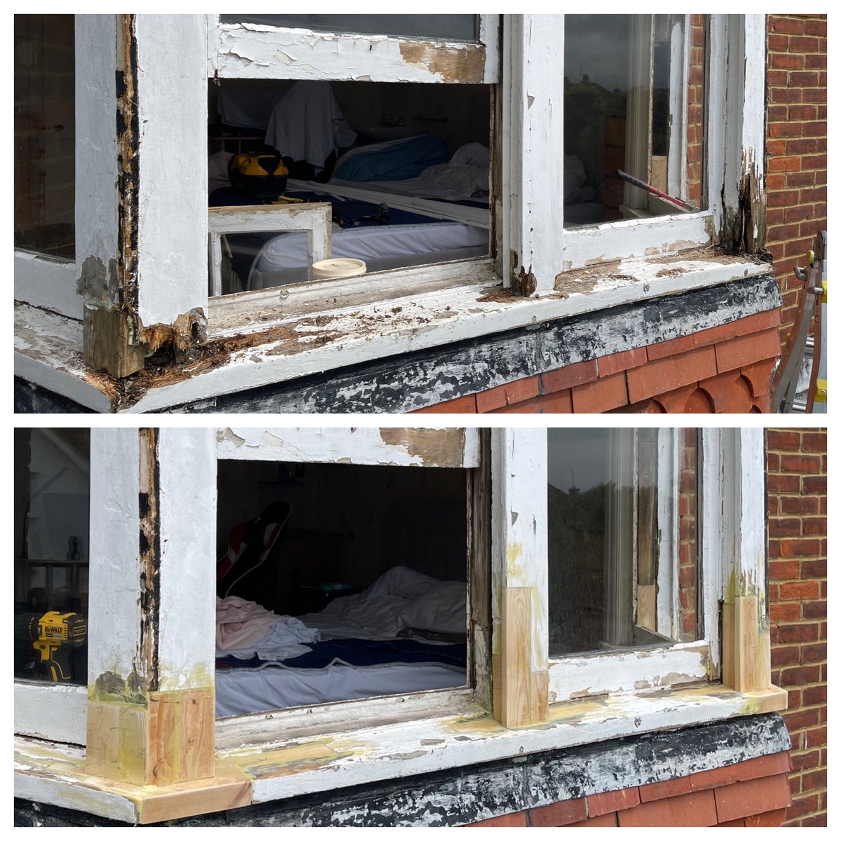 all_things_sash's tweet image. A recent before and after… note to self, @repaircareuk resin goes off much more quickly on a roasting hot summers day, don’t mix up too much! #repairnotreplace #timberrepair #resinrepair #sashwindowrepair