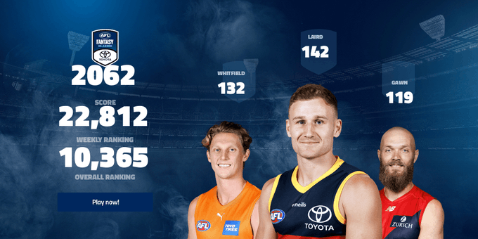 SamAndr02669724's tweet photo. #AFLFantasy Round 19 = 2062 Points - Rank 10365
Out = Dusty &amp; Amartey
In = Guthrie &amp; C West
Cuthrie ©️
Pendles 🚑

Putrid round and sliding fast... 4 more rounds!! https://t.co/HHyOPDCHjj