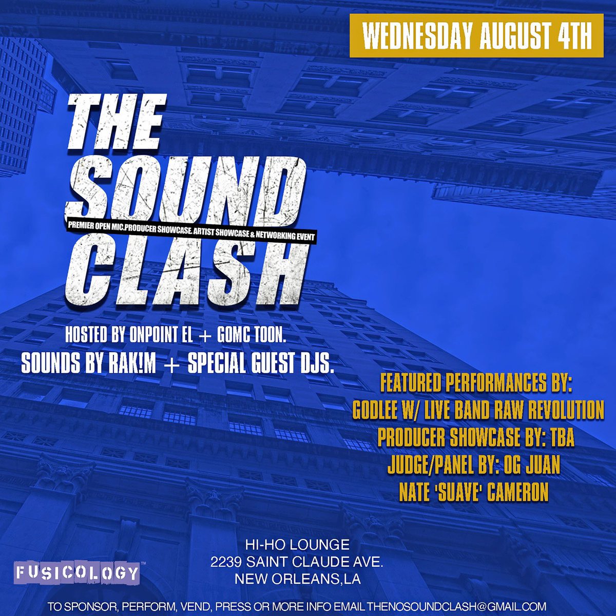 #TheSoundCLASH (@thesoundclash) on Twitter photo #TheSoundCLASH #NOLA #Edition is Aug 4th at Hi-Ho. 8p. Come out to see <a href="/ra_kim3/">RAKIMBEAUX</a> <a href="/LouisianaToon/">yeaaaaa toon. 🐊</a> <a href="/godlee222/">Godlee 🙏⚡</a> @Shaggadelic504. #Producers #Showcase at thesoundclash.eventbrite.com. We’re lookin for some heat. #Singers #Songwriters #eMCees #Creatives #AnR #Trap #NolaHipHop #media #GetTixs #TheSoundCLASH #NOLA #Edition is Aug 4th at Hi-Ho. 8p. Come out to see <a href="/ra_kim3/">RAKIMBEAUX</a> <a href="/LouisianaToon/">yeaaaaa toon. 🐊</a> <a href="/godlee222/">Godlee 🙏⚡</a> @Shaggadelic504. #Producers #Showcase at thesoundclash.eventbrite.com. We’re lookin for some heat. #Singers #Songwriters #eMCees #Creatives #AnR #Trap #NolaHipHop #media #GetTixs