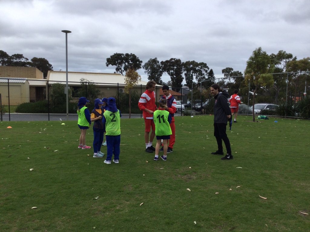 The Year 10 students from <a href="/SHC_WA/">Sacred Heart College</a> braved the weather yesterday to coach some of our Year 3 students in soccer ⚽️