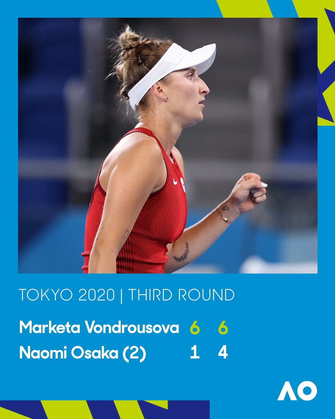 Marketa Vondrousova of Team Czech Republic celebrates after a point during her Women's Singles Third Round match against Naomi Osaka of Team Japan on day four of the Tokyo 2020 Olympic Games at Ariake Tennis Park on July 27, 2021 in Tokyo, Japan. 