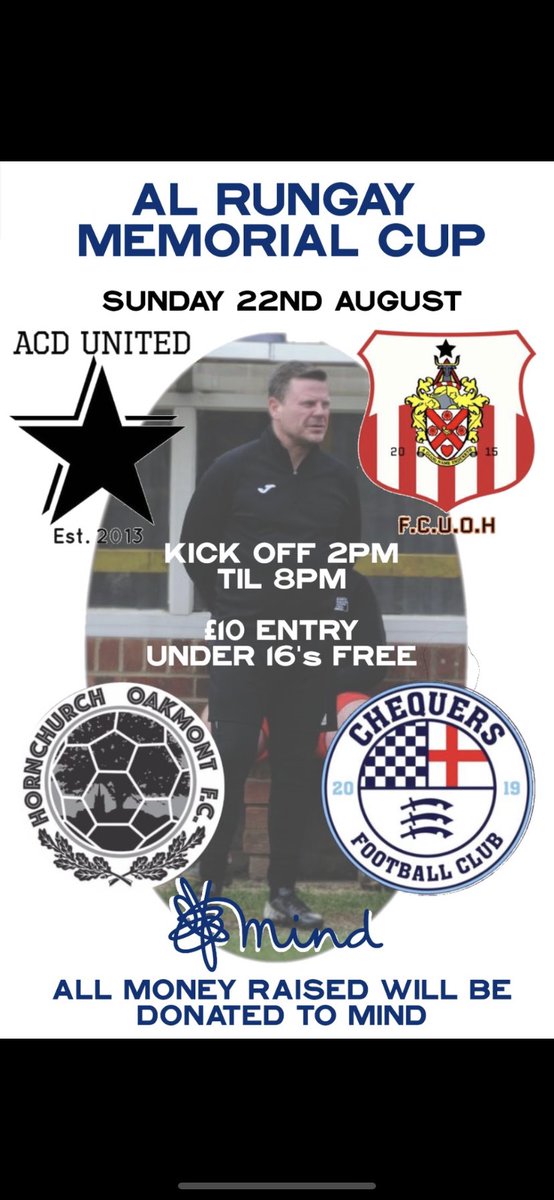 The Al Rungay Memorial Cup III , in memory of my old man who sadly took his life in the summer of 2018 . 

Again all money raised will be donated to <a href="/MindCharity/">Mind</a> in order to help those  who are in need of it 💙 

Bar will be open until late with DJ and Raffle <a href="/AveleyFC/">Aveley Football Club</a>