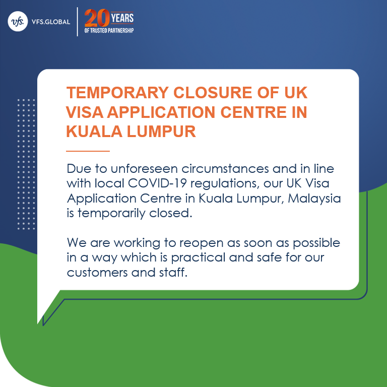 VFSGlobal's tweet photo. Our UK Visa Application Centre in Kuala Lumpur is temporarily closed until further notice.
Customers who have already booked their appointments will be contacted by us and can reschedule their appointments only when the Centre resumes services.
Visit: https://t.co/xujd7e6ysQ https://t.co/QQXkB2RCsa