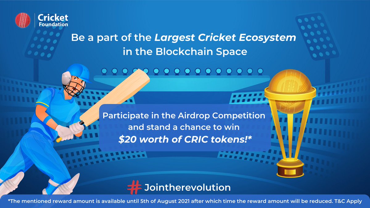 Massive $CRIC airdrop! 🎁

1. Create a $CRIC wallet at - cpb.cricket.foundation/wallet 
2. Join Cricket Foundation on Telegram &amp; Twitter 
3. Fill forms.gle/K3ChFiNzavvmdb… after the above steps have been completed to be eligible for the airdrop. 

Let’s go! 👊🏻

#crypto #nft #cricket