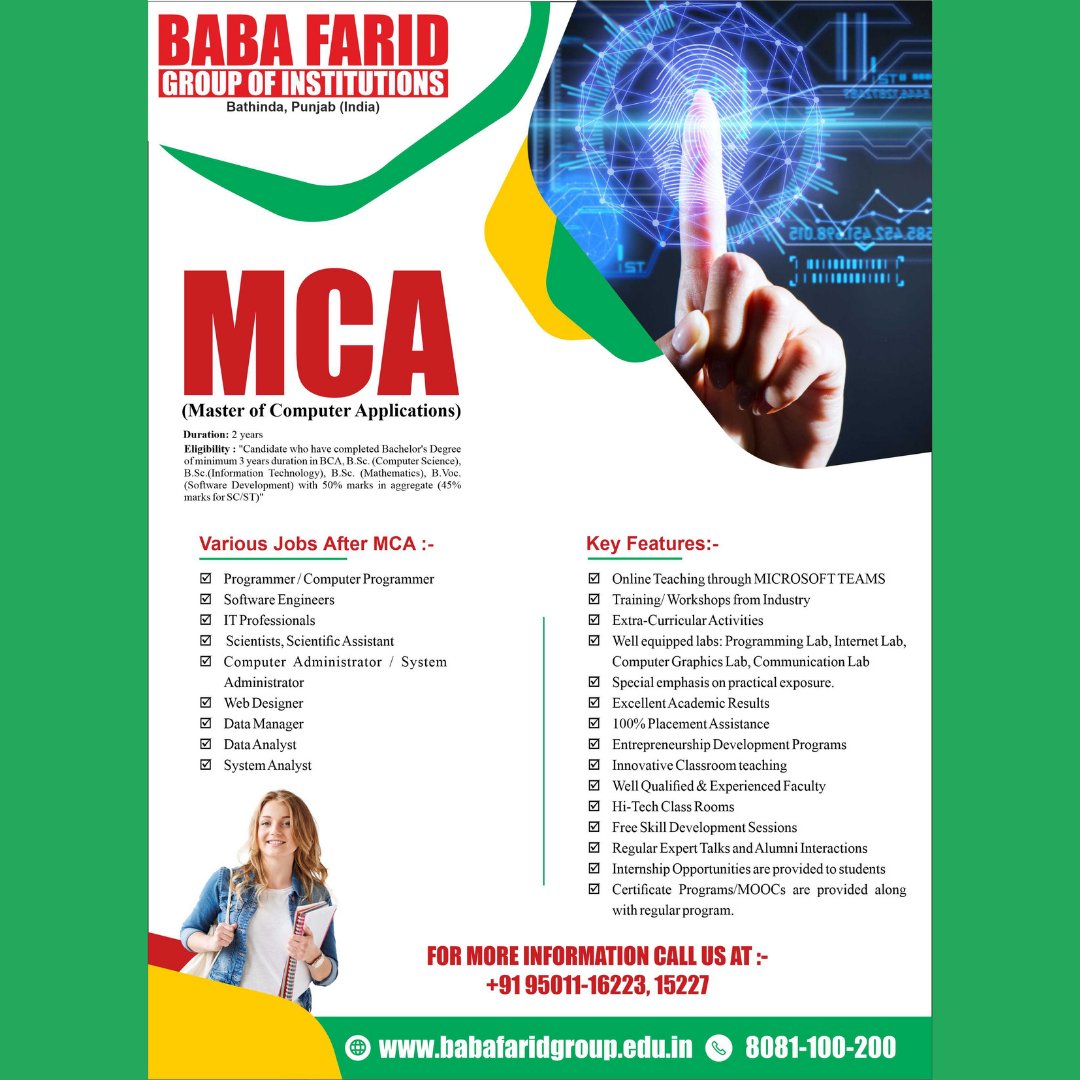 BabaFaridGroup's tweet photo. ✅ Apply now at:-www.babafaridgroup.edu.in
📞 for more details call at 8081-100-200, 9501116223, 9501115227
#BFGI #BFC #AdmissionsOpen #MasterofComputerApplication #MCA #Scholarship https://t.co/YuPuTikQM1
