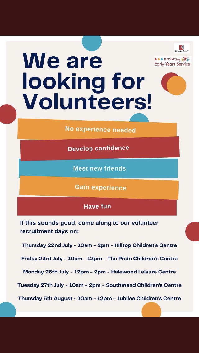 Hey everyone!  I’ll be at Southmead Children’s Centre in Whiston today until 2.00pm.  Call in &amp; I’ll tell you all about our volunteering opportunities @Knowsley_EYS <a href="/KnowsleyCouncil/">Knowsley Council</a> #volunteer #knowsley #whiston