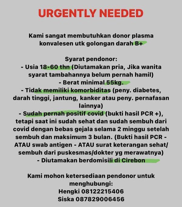 Dibutuhkan donor plasma konvalesen untuk goldar B+. Domisili Cirebon. 

Mohon bantuannyaa, terima kasihhh 🙏🏻🙏🏻🙏🏻

<a href="/AboutCirebonID/">About Cirebon</a> <a href="/Blood4LifeID/">BFL INDONESIA</a> <a href="/CirebonBribin/">Kakang Baridin</a> <a href="/Cirebon_news/">Cirebon_news</a> 
#donorplasmakonvalesen #cirebon