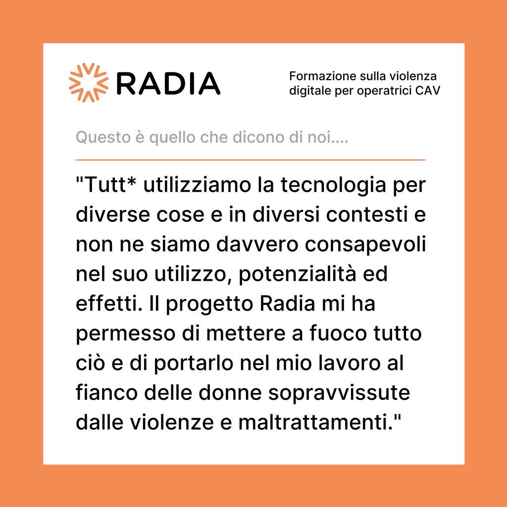 Chayn_Italia's tweet photo. Si conclude la prima edizione del Progetto Radia e volevamo condividere con voi le parole delle operatrici CAV partecipanti, che testimoniano l'urgenza di trattare il tema ad oggi troppo trascurato della violenza di genere agita attraverso la tecnologia #violenzadigitaledigenere https://t.co/nQhYzlsC9V