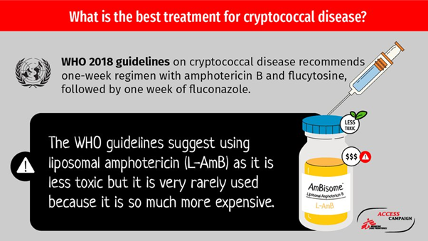 MSF_Zimbabwe's tweet image. A single high dose of liposomal amphotericin B (L-AmB), with flucytosine, has now been shown to be less toxic and drastically shorten treatment for #cryptococcal meningitis.  
However, access to L-AmB remains extremely limited in low- and middle-income countries.