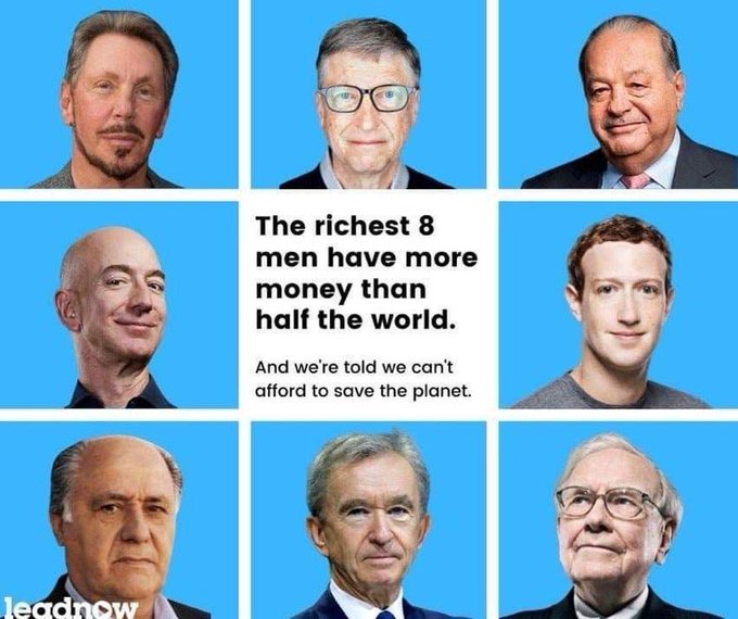 Larry Ellison, Bill Gates, Carlos Slim, Jeff Bezos, Mark Zuckerberg, Amancio Ortega, Bernard Arnault i Warren Buffet