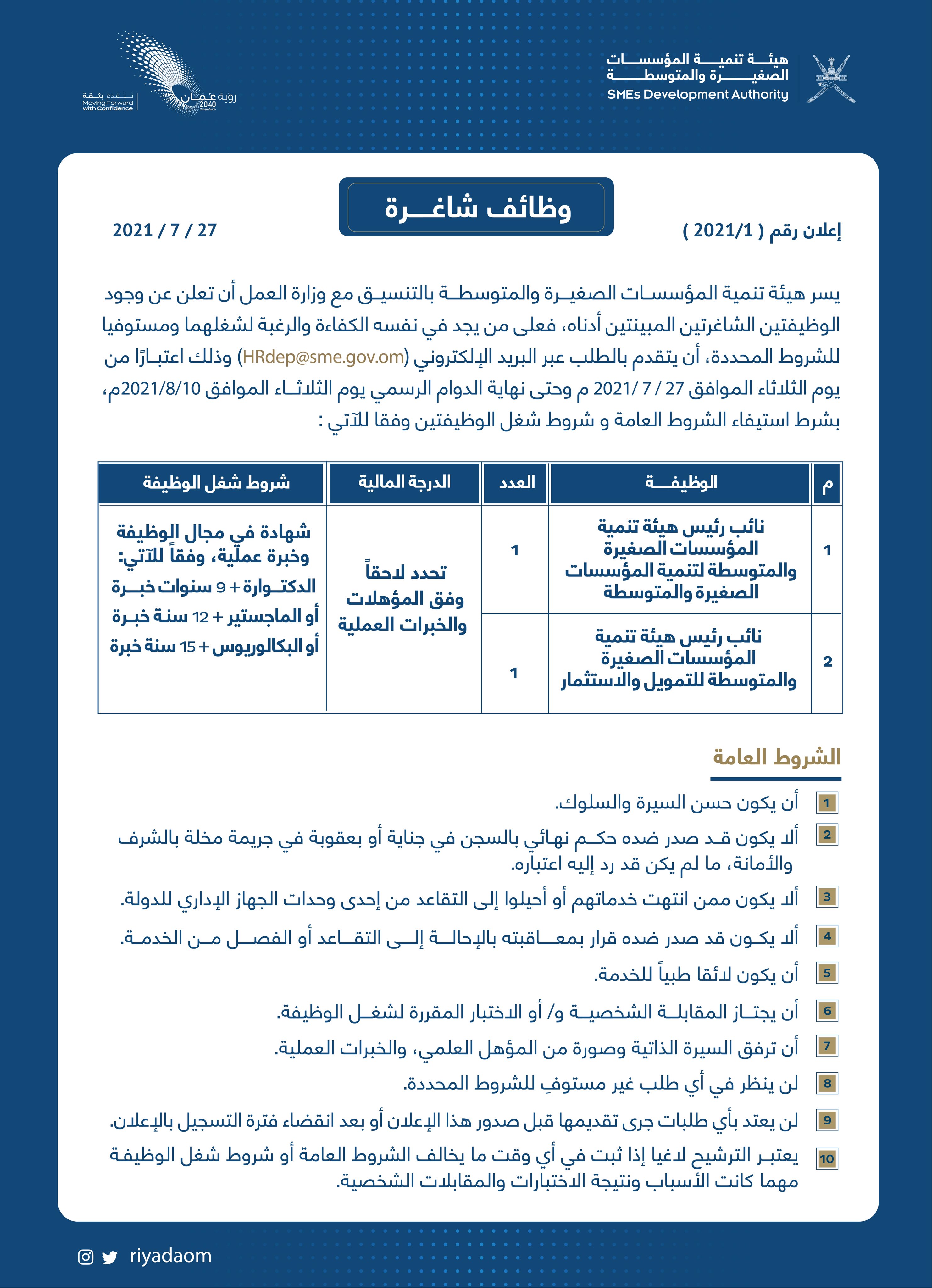 يسر هيئة تنمية المؤسسات الصغيرة والمتوسطة بالتنسيق مع وزارة العمل أن تعلن عن وجود الوظيفتين الشاغرتين المبينة أدناه، تقديم  الطلب عبر البريد الإلكتروني (HRdep@sme.gov.om) وذلك اعتبارًا من يوم الثلاثاء الموافق 27/7/2021م وحتى نهاية الدوام الرسمي يوم الثلاثاء الموافق 10/8/2021م:
نائب رئيس هيئة تنمية المؤسسات الصغيرة والمتوسطة لتنمية المؤسسات الصغيرة والمتوسطة.1
نائب رئيس الهيئة تنمية المؤسسات الصغيرة والمتوسطة للتمويل والاستثمار.
شهادة في مجال الوظيفة وخبرة عملية، وفقاً للآتي:
الدكتورة + 9 سنوات خبرة أو الماجستير + 12 سنة خبرة، او البكالوريوس + 15 سنة خبرة.2