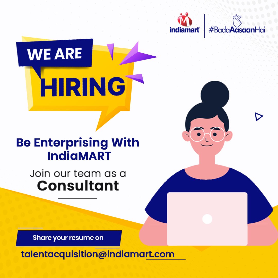 IndiaMART's tweet photo. Join IndiaMART for the "Consultant" role & give your career a boost.
Interested candidates can apply by sending their resume to talentacquisition@indiamart.com
#Hiring #JobOpening #JobOpputunity #Job #Recruitement #BeYourOwnBoss #IndiaMART #BadaAasaanHai #25YearsOfIndiaMART https://t.co/3eP9zBWltz