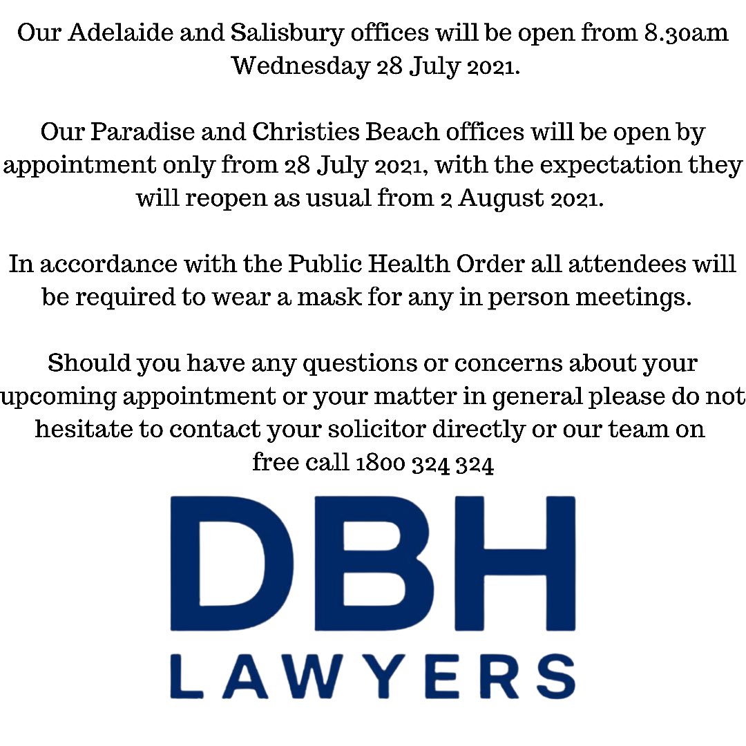 Important information for our clients, staff and attendees at our offices.

#dbh #dbhlawyers #law #lawyers #adelaide #salisbury #paradise #christiesbeach #withyouforyou