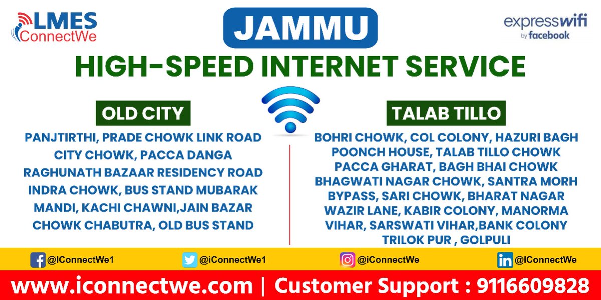 iConnectWe1's tweet photo. LMES IConnectWe with High Speed Internet Service in Old City & Talab Tillo, Jammu
#HighSpeed #InternetService #OldCity #TalabTillo #Jammu #ServiceProvider #LMES #IConnectWe #expresswifibyfacebook #InternetConnection #ConnectingWorld https://t.co/jVZaQYTxIg