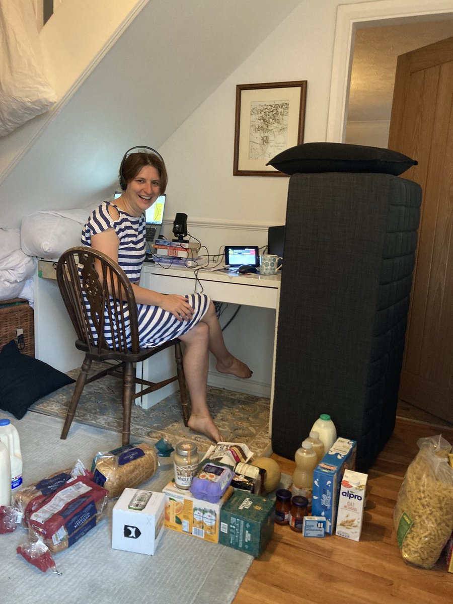 sarahjradio's tweet photo. Trying to do a radio breakfast show @BBCNottingham from home in isolation. Food delivery order arrived, dog going crazy and cat brought ins dead shrew! I had no idea it would be this hard!! Can you help me with any #selfisolationtips https://t.co/V0VdKPsNud