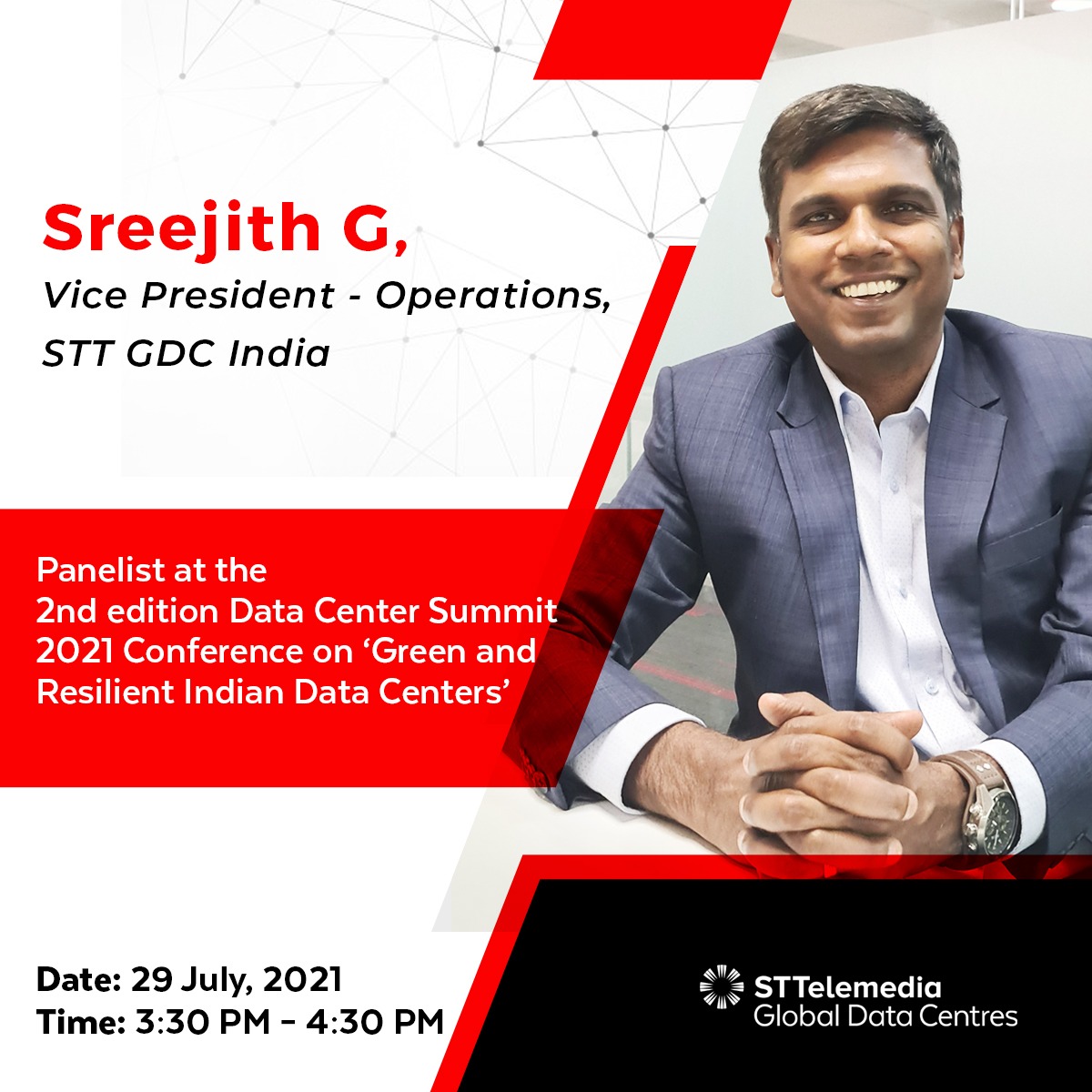 sttgdcindia's tweet photo. Join Sreejith G, Vice President- Operations, #STTGDCIndia, at the 2nd edition Data Center Summit 2021 Conference on ‘Green and Resilient Indian Data Centers, for a perceptive conversation on ‘State-of-the-art Innovations in Data Centers’.
Register now:  https://t.co/uJuBPanxbh https://t.co/s5tMdt7cMk