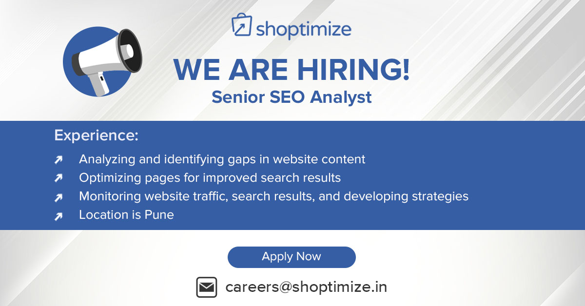 shoptimizeindia's tweet photo. We are searching for a passionate SEO analyst to join our customer success team.
Apply here > https://t.co/eKynQLoRdO
#careers #jobalert #punejobs #hiring #recruitment #ecommercejobs #shoptimize #jobsinecommerce #jobsinpune #recruiting #jobs #seo #digitalmarketingjobs #seojobs https://t.co/LApSJ4zBwZ