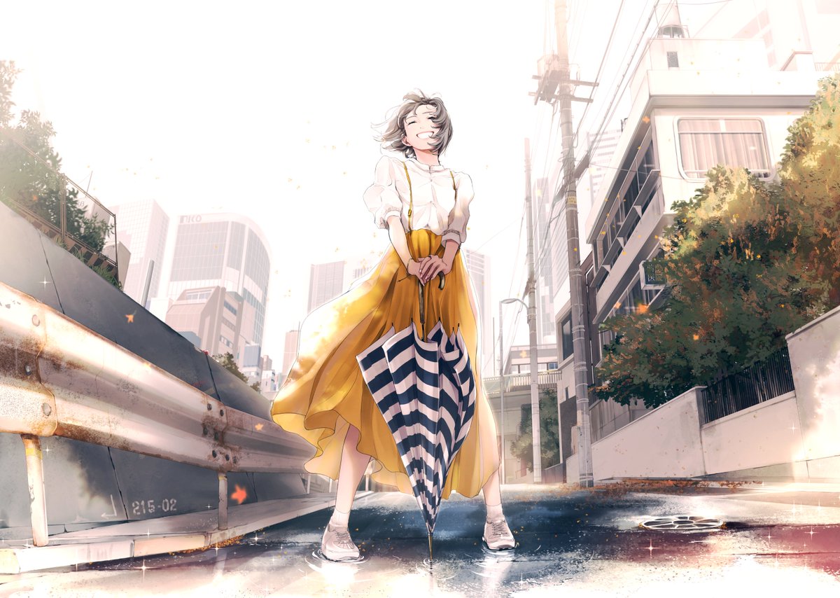 1girl solo umbrella outdoors skirt short hair building  illustration images