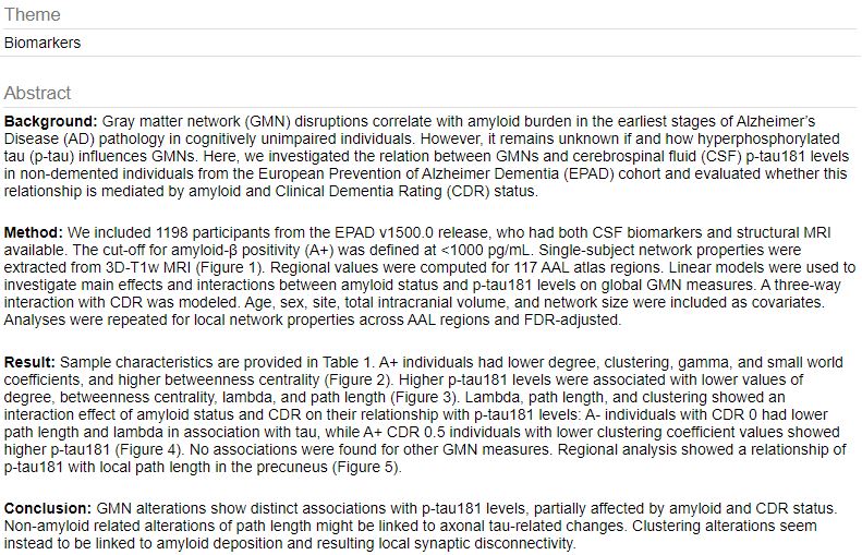 EPAD (@imi_epad) on Twitter photo .<a href="/IMI_EPAD/">EPAD</a> poster at #AAIC21 by <a href="/LuigiLorenzini1/">Luigi Lorenzini</a>:
"Differential gray matter connectivity correlates of CSF biomarkers: results from the EPAD cohort"
#imaging #Alzheimer's disease <a href="/silvia_ingala/">Silvia Ingala</a> <a href="/craig_ritchie68/">Craig Ritchie</a> <a href="/JuandoGispert/">Juando Gispert</a> <a href="/pjvisser123/">Pieter Jelle Visser MD PhD</a> <a href="/PhilipAlz/">Philip scheltens</a> <a href="/FBarkhof/">Frederik Barkhof</a> .<a href="/IMI_EPAD/">EPAD</a> poster at #AAIC21 by <a href="/LuigiLorenzini1/">Luigi Lorenzini</a>:
"Differential gray matter connectivity correlates of CSF biomarkers: results from the EPAD cohort"
#imaging #Alzheimer's disease <a href="/silvia_ingala/">Silvia Ingala</a> <a href="/craig_ritchie68/">Craig Ritchie</a> <a href="/JuandoGispert/">Juando Gispert</a> <a href="/pjvisser123/">Pieter Jelle Visser MD PhD</a> <a href="/PhilipAlz/">Philip scheltens</a> <a href="/FBarkhof/">Frederik Barkhof</a>