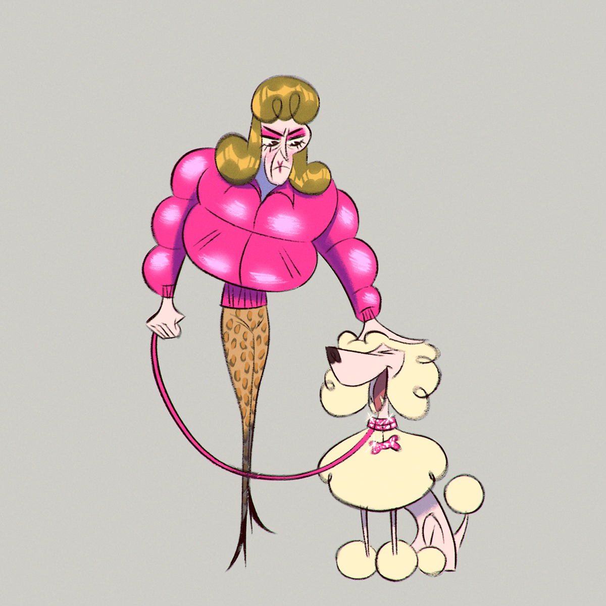 An illustration of a sour-looking blond woman wearing a puffy pink jacket, patting the head of her goofy poodle. Made in Photoshop.
