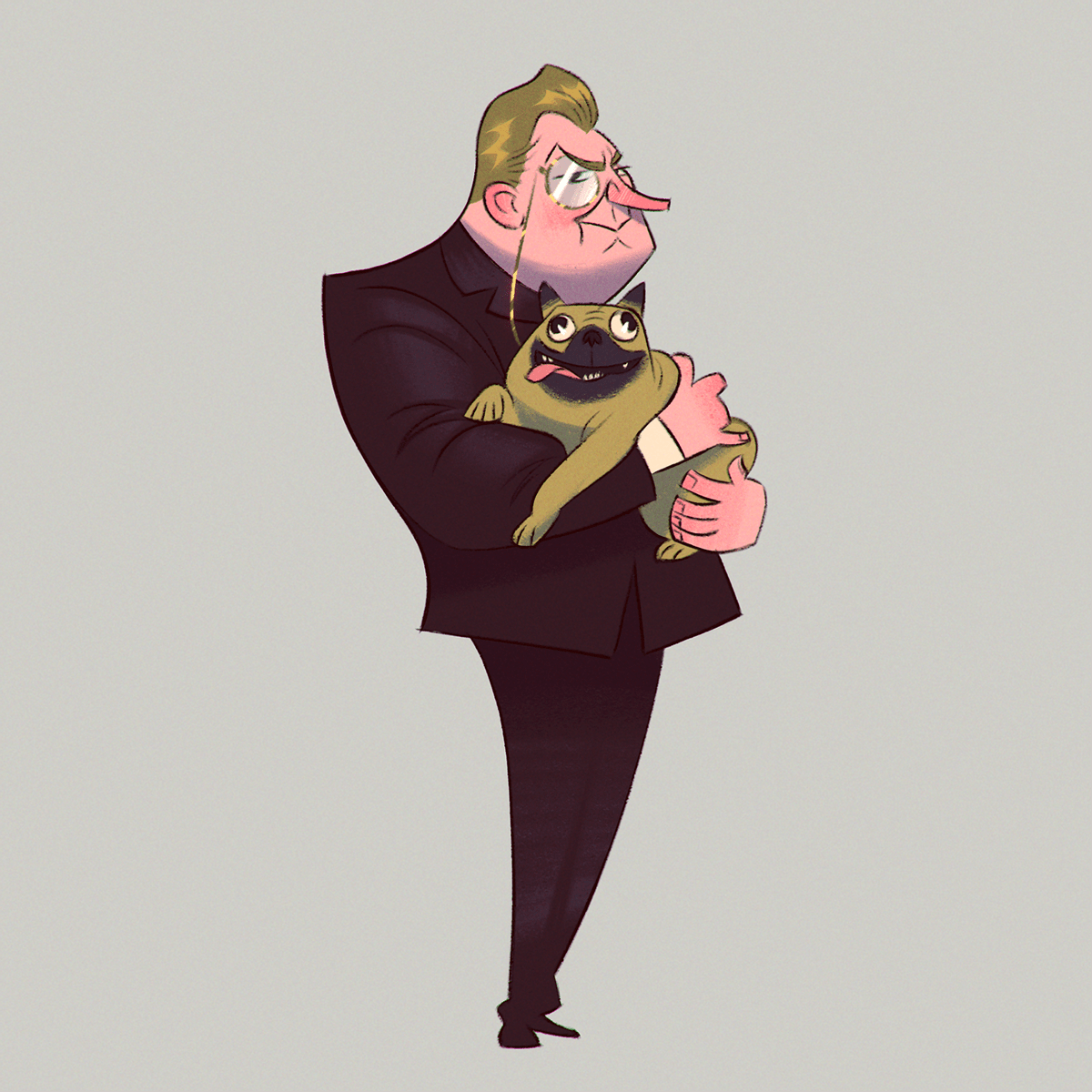 An illustration of a blond man in a suit with a monocle, holding a pug. Made in Photoshop.