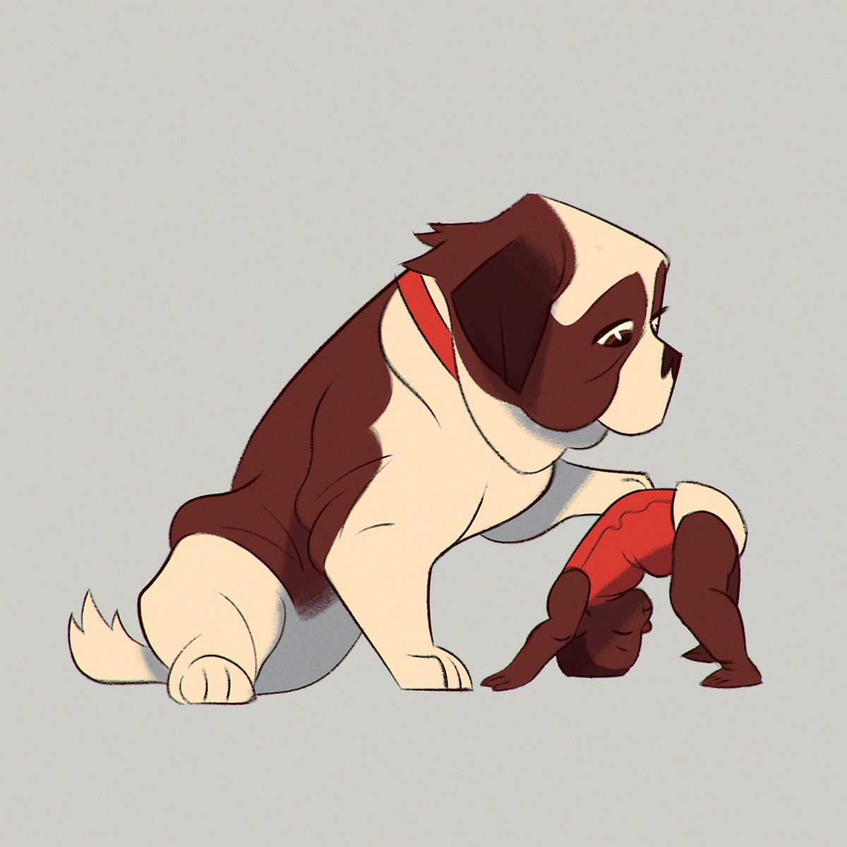 An illustration of an oversized St. Bernard with their paw on their minature owner, as the owner does a yoga pose. Made in Photoshop.