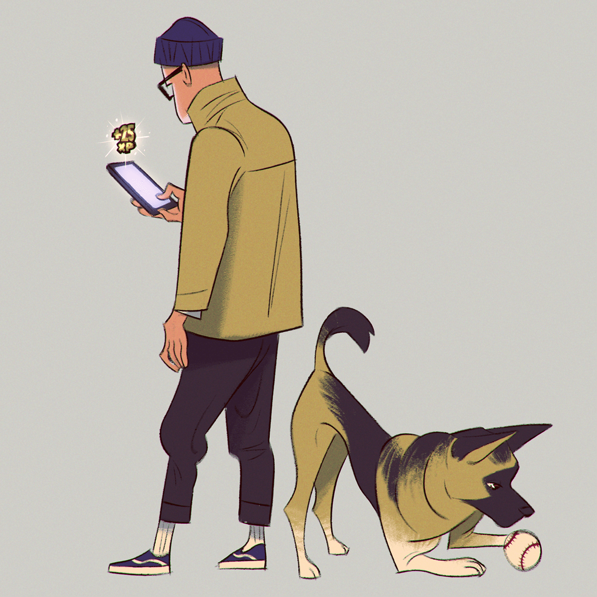 An illustration of a man from behind who's playing with his phone, with his German Shepherd plays with a ball. Made in Photoshop.