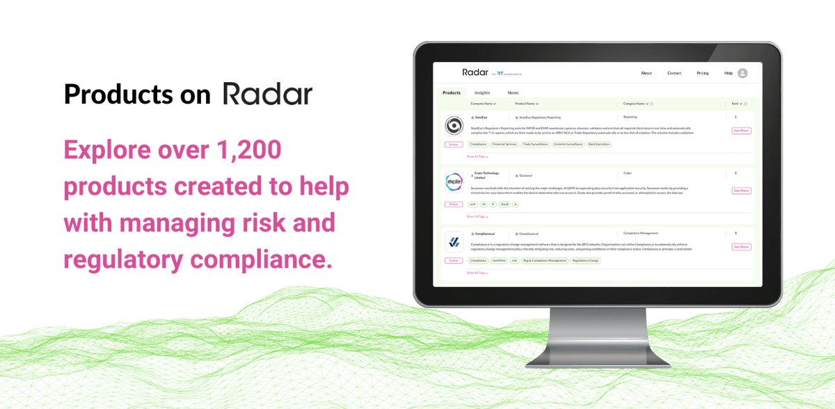 rt_associates's tweet photo. Are you looking for a solution to help with regulatory compliance?
Check out Radar, the market’s largest Risk and RegTech product catalogue.
Have a look https://t.co/zeD1hqn5Yr
#RegTech #Radar #SaaS #MarketPlace #Compliance #Risk #Legal #Regulation #FinancialCrime #RegChange https://t.co/lGydTAlgYl