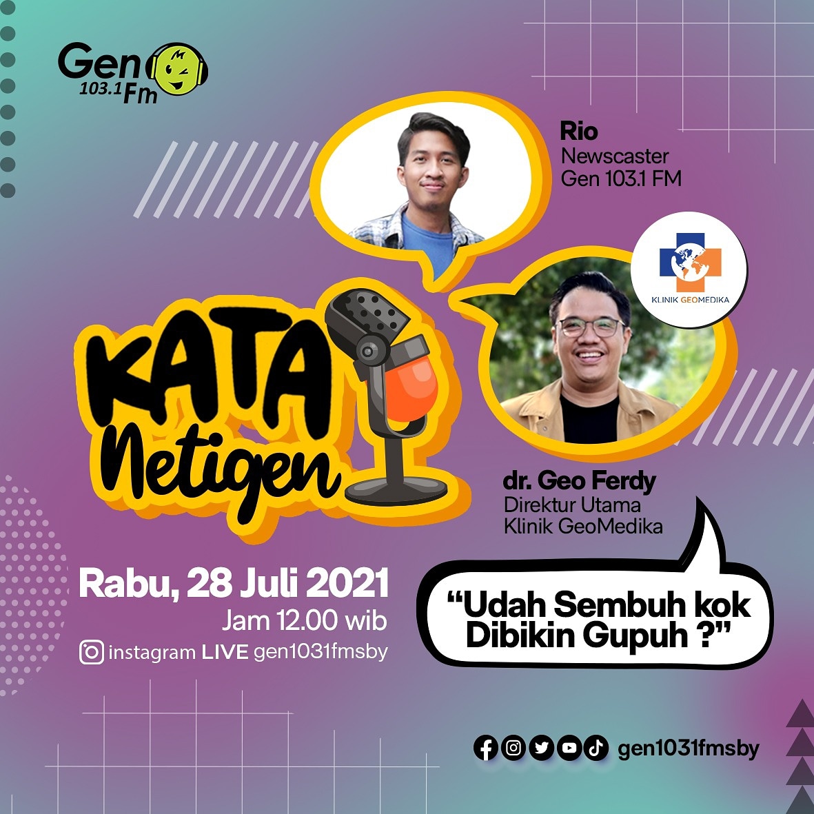 Sobat GEN, perlu gak sih orang yang sembuh dari covid-19 tes PCR lagi? Trus, syarat sembuh dari covid-19 itu kayak gimana? 

Kuy semuanya bakal diobrolin <a href="/rio_rodi/">Rio Rohadi</a> bareng dr. Geo Ferdy - Direktur Utama Klinik GeoMedika di #KataNetigen Live IG. 

Nitip pertanyaan? 
#gen1031fmsby