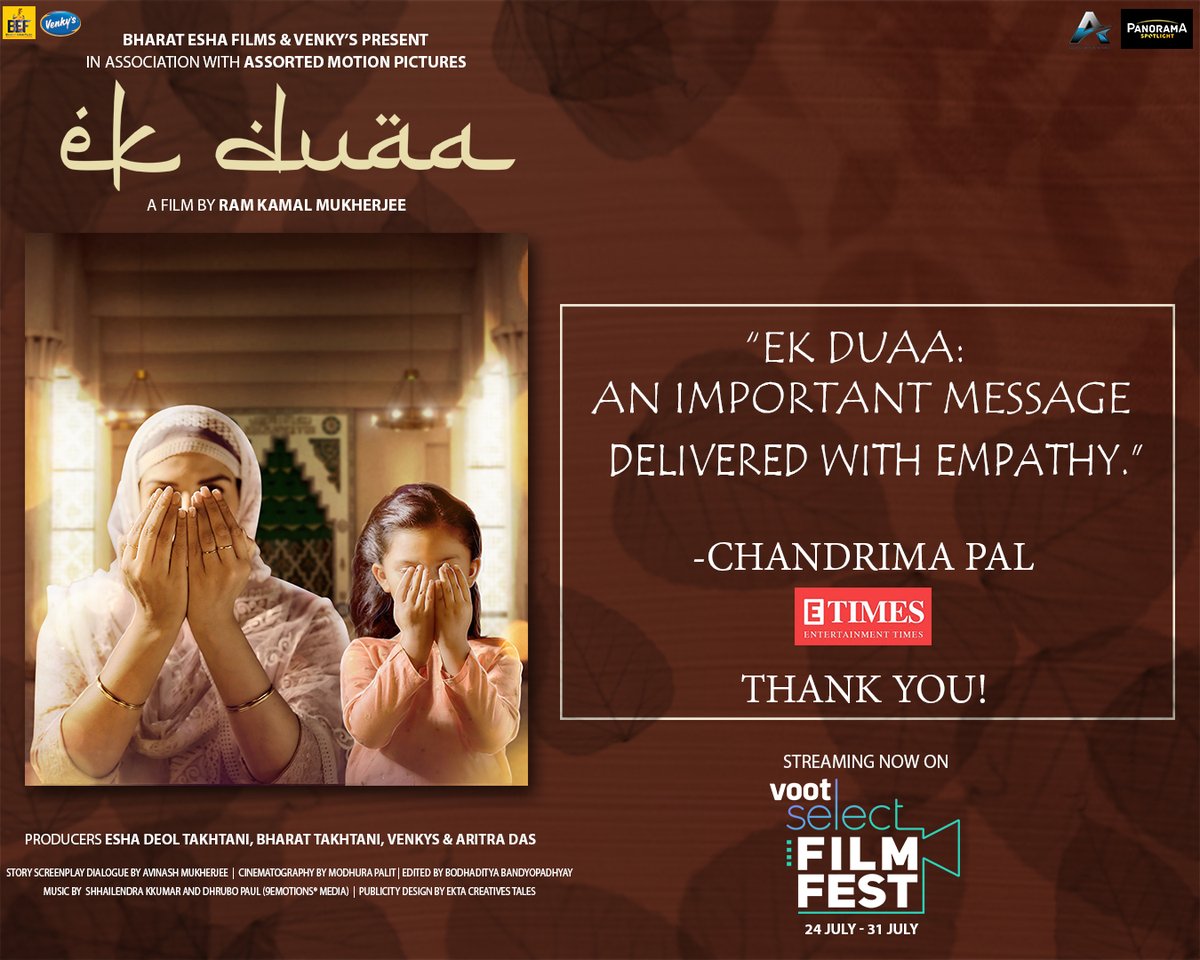 Assorted Motion Pictures (@amppvtltd) on Twitter photo Thank you so much <a href="/etimes/">ETimes</a> for such an amazing review for our film.
#EkDuaa Streaming on <a href="/VootSelect/">Voot Select</a>
<a href="/Esha_Deol/">Esha Deol</a> <a href="/Ramkamal/">Ram Kamal । राम कमल</a> <a href="/imaritrads/">Aritra Das</a> <a href="/sarbanitweets/">Sarbani Mukherjee</a> <a href="/venkysuttara/">Venky's Uttara Foods & Feeds Pvt. Ltd.</a> <a href="/Panorama_SL/">Panorama Spotlight</a> <a href="/KumarMangat/">Kumar Mangat Pathak</a> #BharatEshaFilms Thank you so much <a href="/etimes/">ETimes</a> for such an amazing review for our film.
#EkDuaa Streaming on <a href="/VootSelect/">Voot Select</a>
<a href="/Esha_Deol/">Esha Deol</a> <a href="/Ramkamal/">Ram Kamal । राम कमल</a> <a href="/imaritrads/">Aritra Das</a> <a href="/sarbanitweets/">Sarbani Mukherjee</a> <a href="/venkysuttara/">Venky's Uttara Foods & Feeds Pvt. Ltd.</a> <a href="/Panorama_SL/">Panorama Spotlight</a> <a href="/KumarMangat/">Kumar Mangat Pathak</a> #BharatEshaFilms