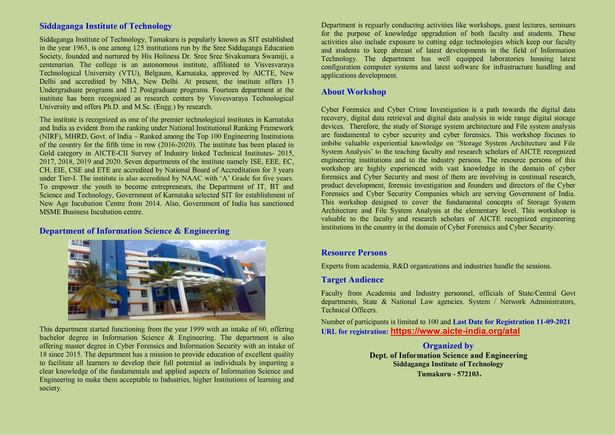 CsccLabs's tweet photo. Cyber Security: Storage System Architecture and File System Forensics, AICTE (ATAL) sponsored faculty development programme during 13th – 17th, Sep 2021 using online mode.

Registration URL: https://t.co/g2ofJcSrD4

ATAL | @AICTE_INDIA | SIT | @CsccLabs | @ReddySekara https://t.co/RyGjWZp4uK
